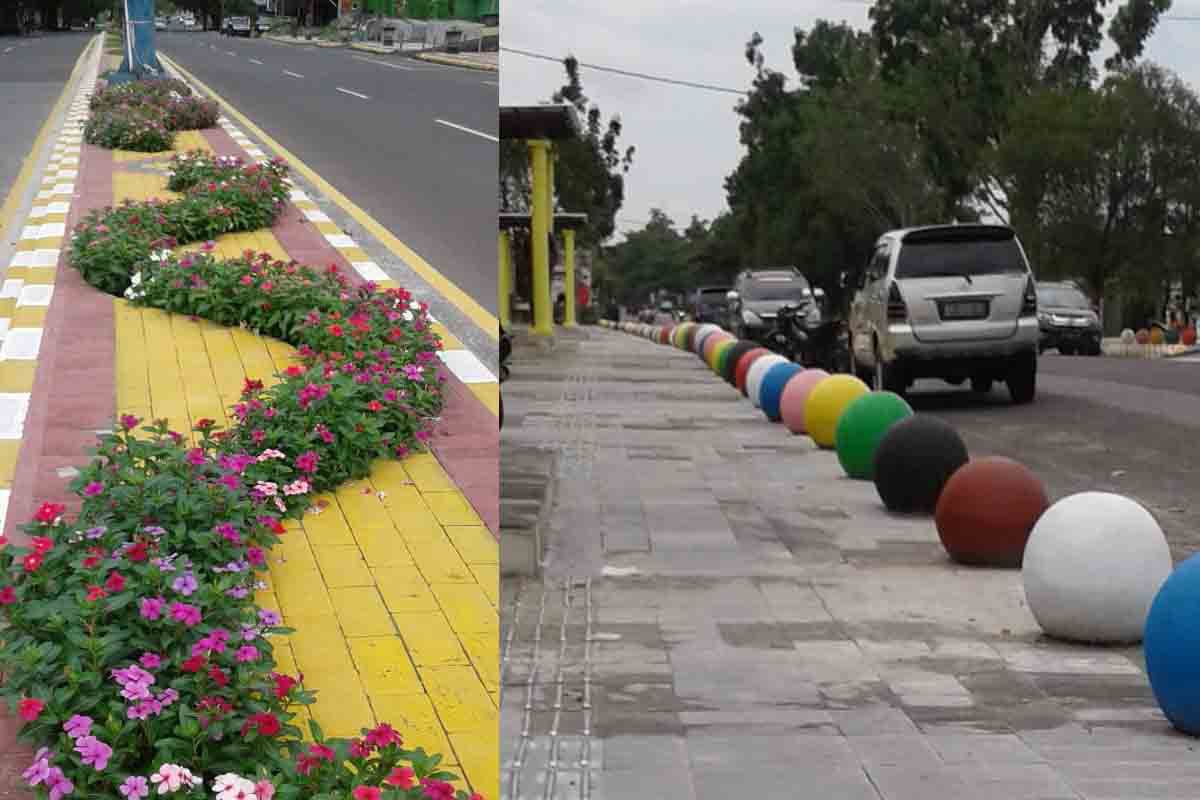 Jalan Iskandar dan Trotoar arah Jalan Pasir Panjang yang telah dihiasi dengan taman bunga dan barisan Pentol raksasa warna-warni.